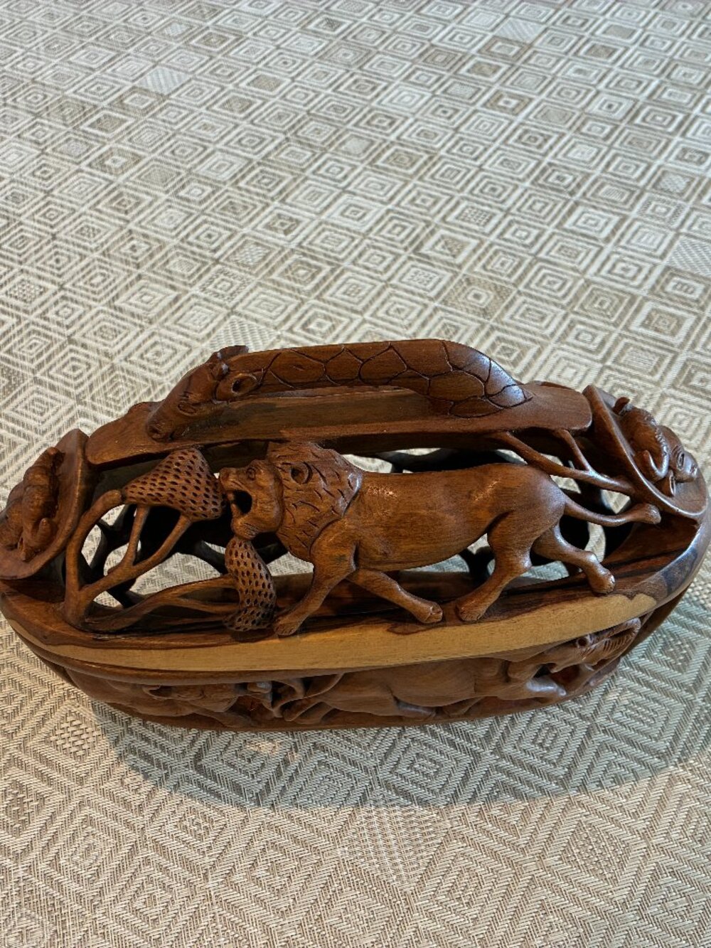 South African hand-carved wooden basket featuring African safari wildlife scenes